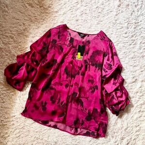 Abstract Floral Whimsical Flowy Ruffle Sleeve Blouse Womens L Office Work Wear